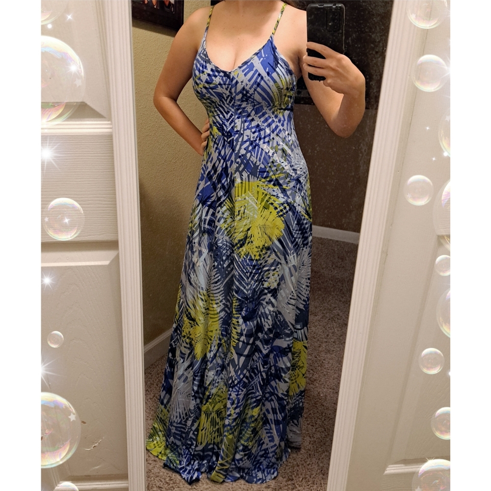 Jennifer Lopez Size XS Vibrant Blue and Yellow Patterned Maxi Dress